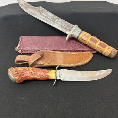 2 Vtg. Knives: One Hunting & One Fighting W/Sheaths
