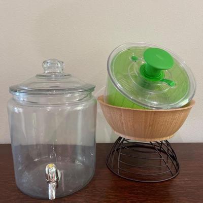 Glass Beverage Dispenser, OKO Salad Spinner, Bamboo Bowl & Wire Basket