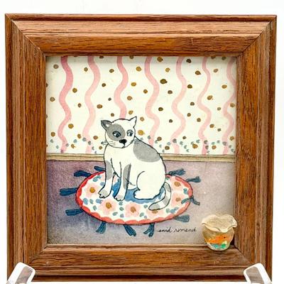 Signed Enid Romanek Framed Cat Watercolor with Miniature Glass Fish Bowlr