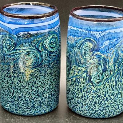 (2) Hand-Blown Art Glass Tumblers – Ocean Swirl Design