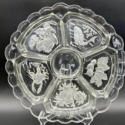 Vintage Etched Glass Relish Tray with Seafood & Produce Motifs – 6-Section Serving Platter