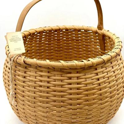 Artisan Gathering Basket With Natural Reed & Hand Carved White Oak Handle 