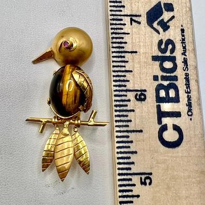 Bird Brooch with Gemstones — 18K Gold Plate
