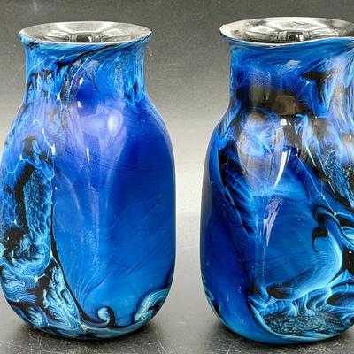(2) Signed Josh Simpson Hand-Blown Art Glass Vases 