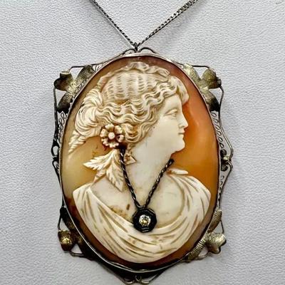 14K Gold Diamond Cameo Jewelry — Brooch / Pendant 