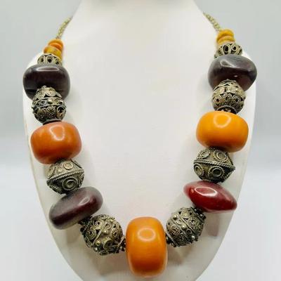 Tibetan Style Bold Beaded 24” Necklace — Statement Jewelry
