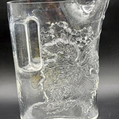 Vintage Mold-Blown Art Glass Pitcher with Grapes & Floral Relief – Clear Textured Glass