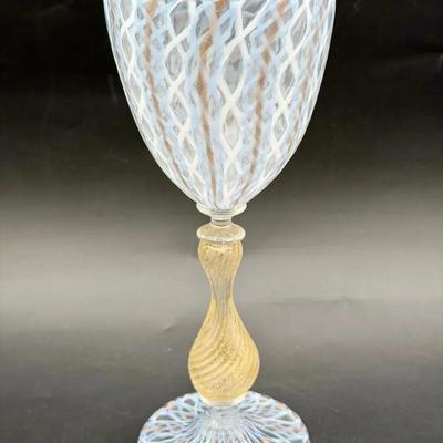 Murano-Style Handblown Art Glass Goblet with Latticino & Gold Aventurine Stem