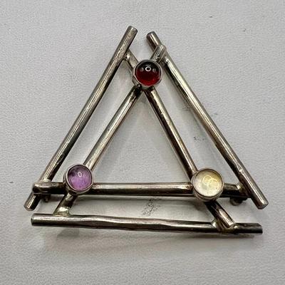 Sterling Silver Artsy Geometric Brooch with Gemstones