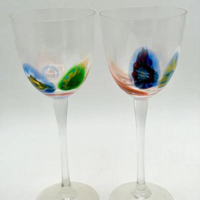 (2) Signed Handblown Art Glass Wine Goblets – Multicolor Inclusions 