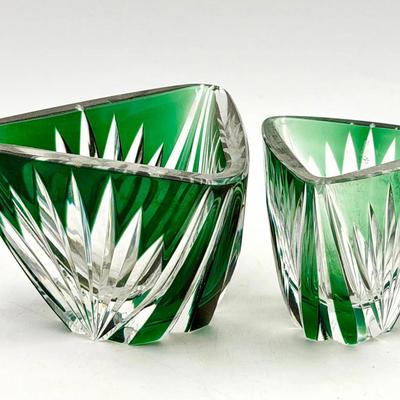 (2) Signed Bohemian Cut-to-Clear Emerald Green Art Glass Bowls