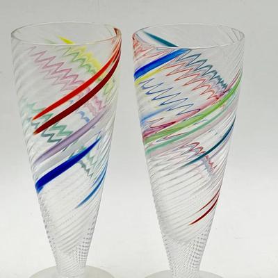 (2) Murano-Style Handblown Swirl Art Glass Flutes