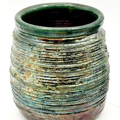 Signed Studio Art Pottery Textured Iridescent Vessel 