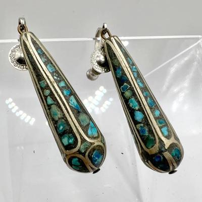 Vintage Drop Dangle Earrings — Turquoise & Brass