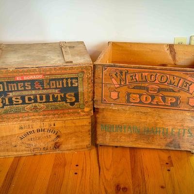 (4) Vintage Wooden Advertising Crates – Biscuits, Soap & Fruit