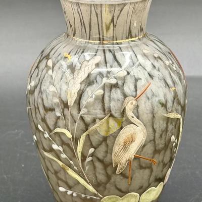 Hand-Painted Glass Lamp Shade with Heron & Reeds