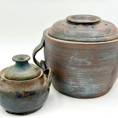 (2) Handmade Studio Pottery Lidded Vessels – Rustic Stoneware Crocks 