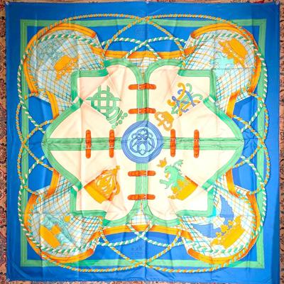 Hermès “Grande Tenue” Silk Scarf – Blue/Green/Orange – Made in France – 100% Silk