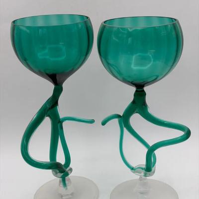 (2) Signed “Jellyfish” Art Glass Goblets
