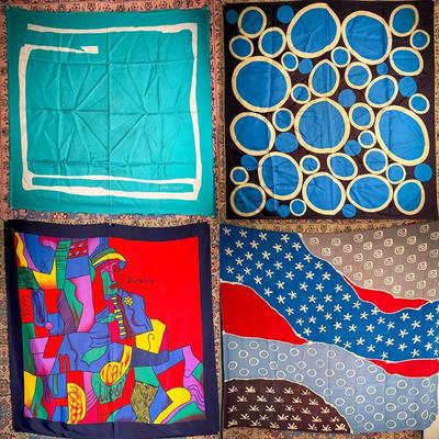 (4) Vintage Silk & Synthetic Scarves – Assorted Artistic & Graphic Designs