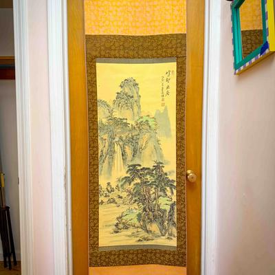 Vintage Asian Hanging Scroll – Landscape Waterfall Scene