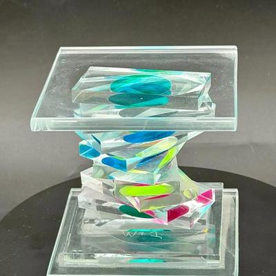 Signed Mark & Julie Glock Abstract Dichroic Stacked Art Glass Sculpture 