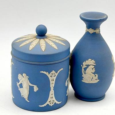 (2) Wedgwood Blue Jasperware Pieces – Dancing Hours Jar & Bud Vase