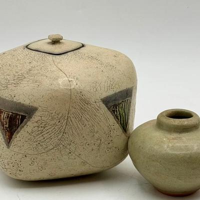 Signed Handmade Raku Studio Pottery Lidded Jar & Vase