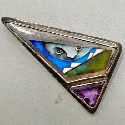 Signed Sterling Silver Abstract Art Gemstone Brooch
