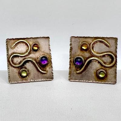 14K Gold & Sterling Silver Gemstone Earrings by Elizabeth Prior
