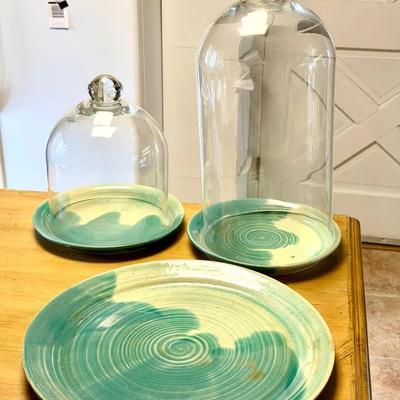 (3) Ceramic Plates With (2) Domed Glass Cloche Lids
