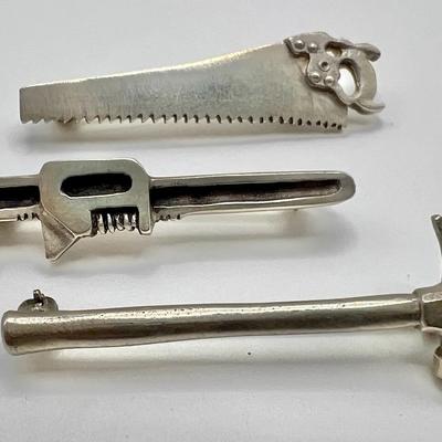 Sterling Silver Tools Jewelry — Hammer, Wrench & Saw Pins