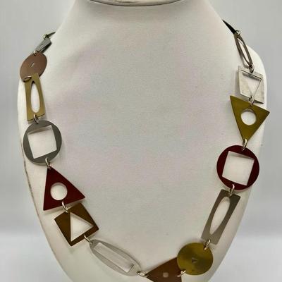 Modern Geometric Multi-Tone Metal Necklace & Earrings — Jewelry Set Signed by Artist
