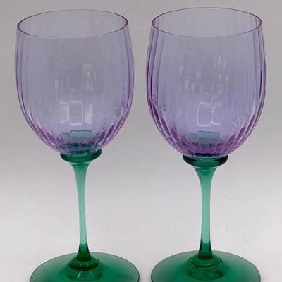 (2) Amethyst & Emerald Handblown Wine Goblets – Ribbed Bowls – Elegant Color-Blocked Stems