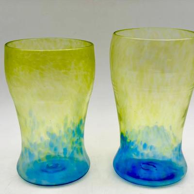 (2) Signed Casco Bay Glass Hand-Blown Tumblers – Yellow & Blue Swirl