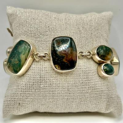 Sterling Silver Bracelet — Striking Moss Agate Jewelry — Stamped 925 
