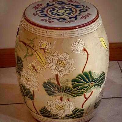 Decorative Ceramic Garden Stool – Lotus & Butterfly Motif