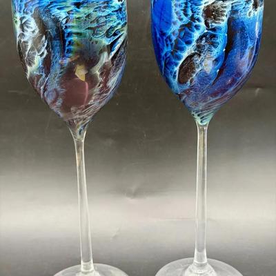 (2) Signed 1997 (2) Josh Simpson Hand-Blown Art Glass Goblets