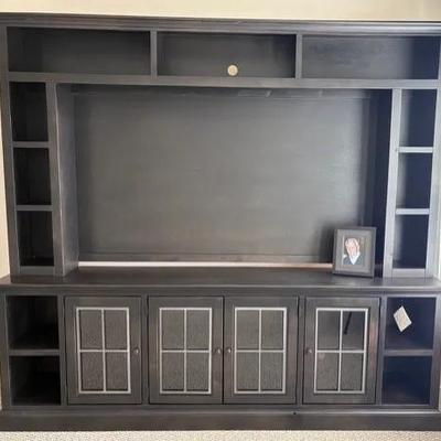 Churchill Console with Hutch in Knotty Alder - Ghost Black - Luxury Entertainment Center 