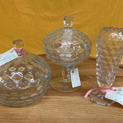 Collection of three Fostoria American pattern pressed glass items