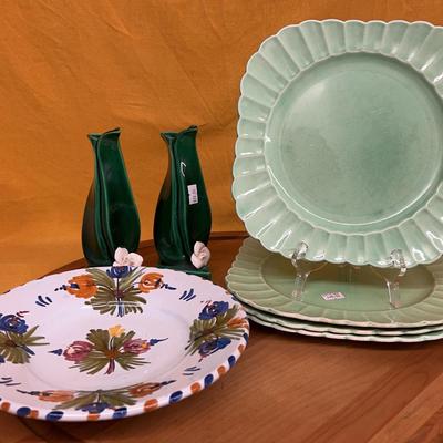 Sebring Pottery Jade Ware plates, mid-century emerald green ceramic vases, Spanish Talavera plate