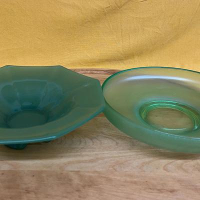 Octagonal green glass centerpiece bowl, Lenox Imperial Jade & iridescent green stretch glass bowl