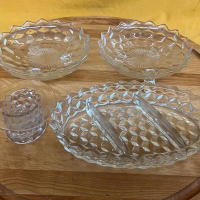 Fostoria American glass diamond-cut serving set with relish dish and bowls