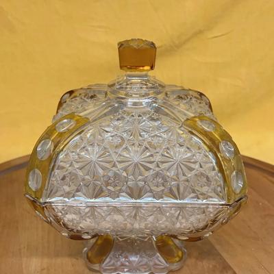 EAPG Daisy and Button with Thumbprint Panel covered compote with gold overlay