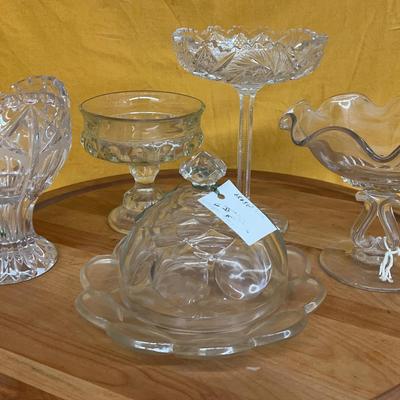Collection of antique cut glass compotes and a covered butter dish