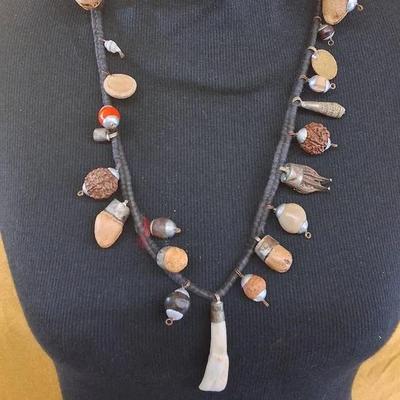 Vintage Ethnographic Necklace with Natural Seed, Nut & Bone Charms – Tribal Folk Style
