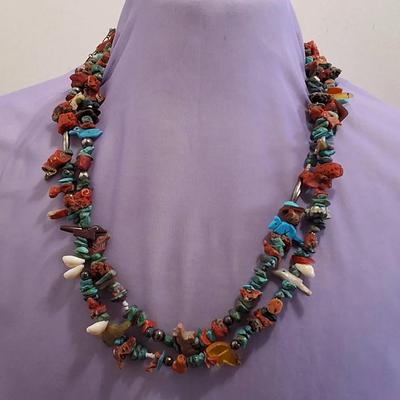 Southwestern Fetish-Carved Turquoise & Coral Double-Strand Necklace