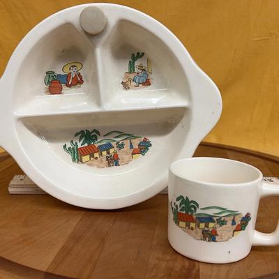 Vintage Excello ceramic divided baby warming dish and mug set