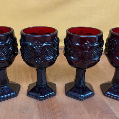 Set of four Avon Cape Cod ruby red hobnail glass goblets