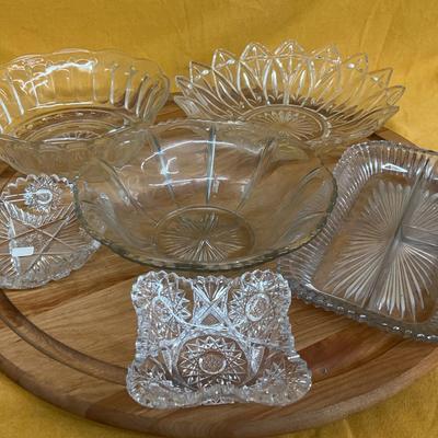 Collection of vintage pressed glass serving dishes and bowls